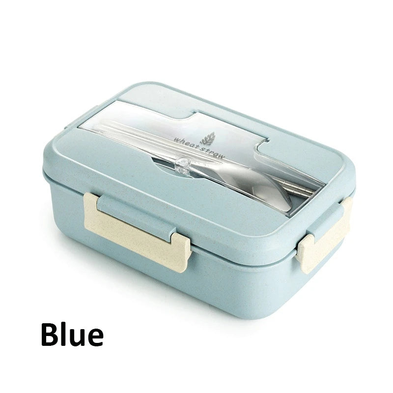 Microwaveable Bento Lunch Box with Spoon & Chopsticks – Wheat Straw Food Container for Kids, School & Office