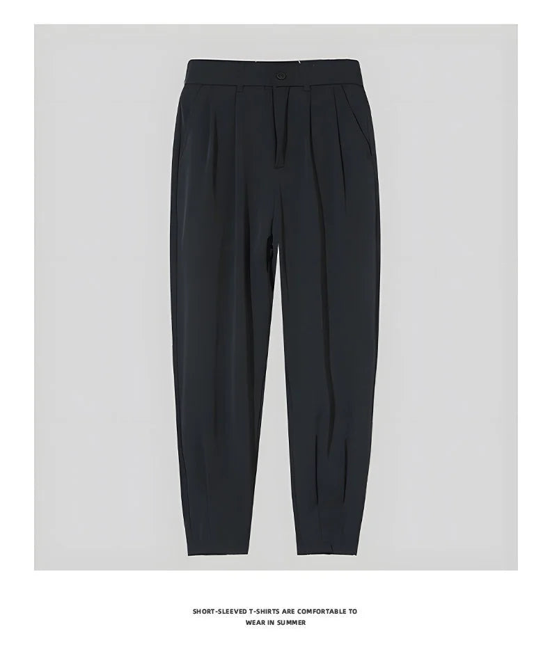 Men’s Spring & Summer Casual Solid Color Ice Silk Trousers — Korean Style Slim Ankle Pants with Zipper Detail, Smooth & Lightweight for a Handsome Look