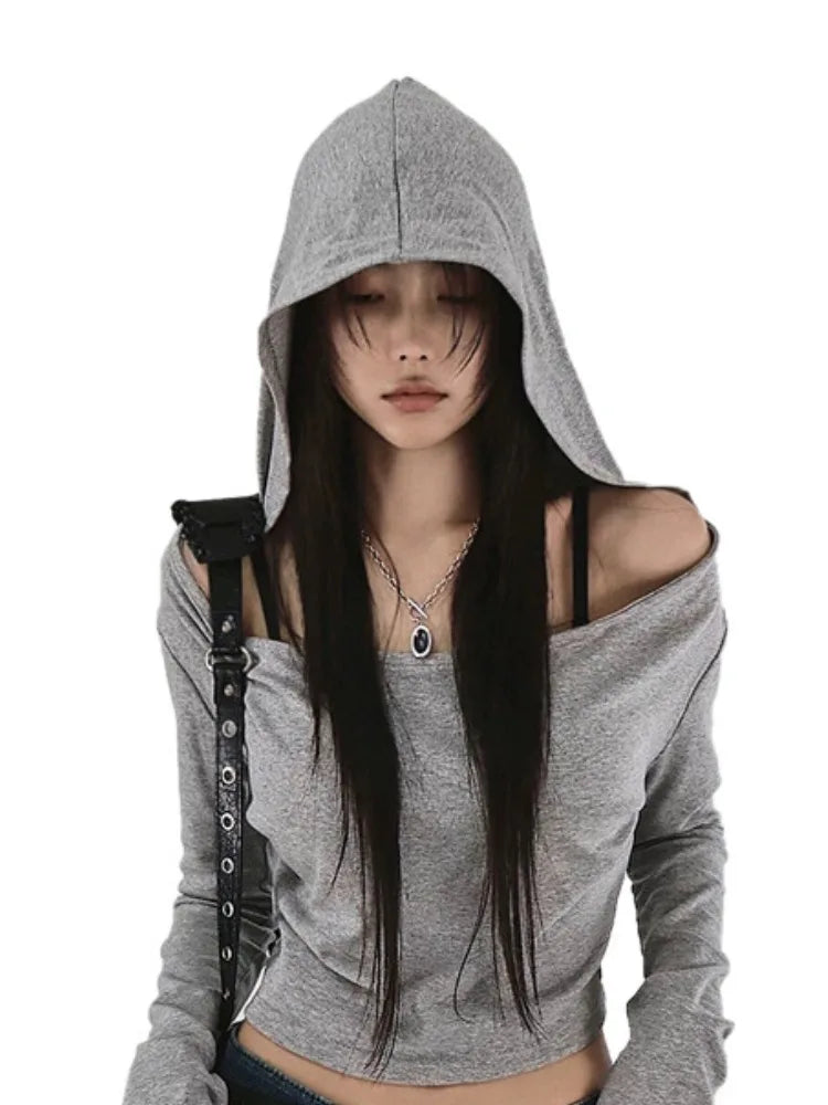 Y2K Aesthetic Women's Hooded Crop Top – Casual Streetwear Slim Fit Off-Shoulder Long Sleeve Tee with Grunge Style
