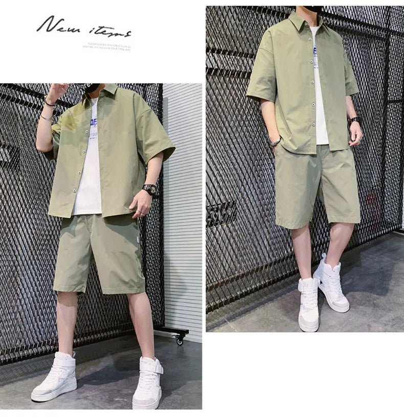 2025 Trendy Korean-Style Men's Summer Outfit – Casual Two-Piece Set Featuring Short Sleeve Shirt & Matching Shorts, Stylish High Street Look for Daily & Streetwear Fashion