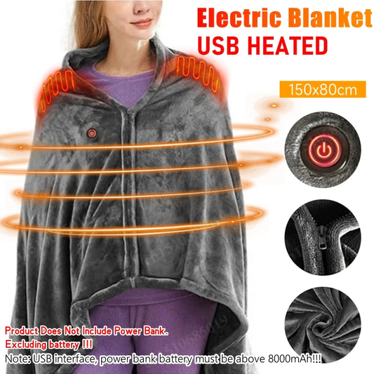 Wearable Electric Heating Shawl Blanket with 3 Temperature Levels, USB 5V Charging, Coral Velvet, 8 Heating Zones, Quick Warm-Up