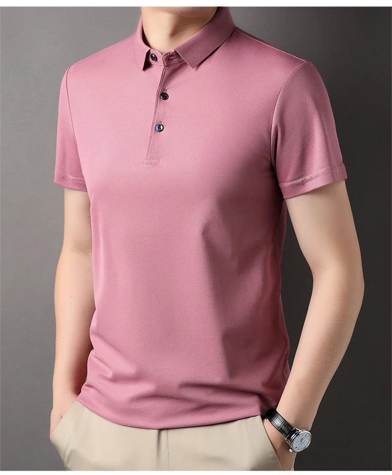 Luxury Summer Men’s Polo Shirt – Premium Plain Design with 4.7% Mulberry Silk, Short Sleeve, Lightweight Casual Fashion Top