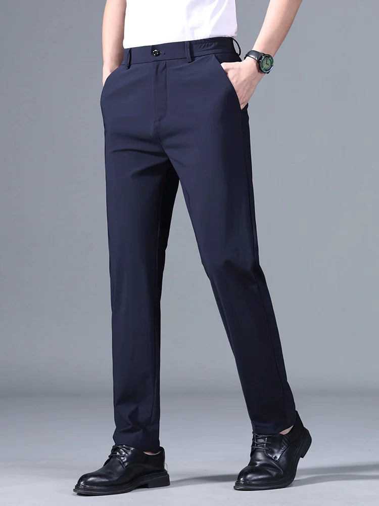 Men's Summer Classic Stretch Suit Trousers – Lightweight Business Casual Pants with Elastic Waist in Black, Gray, or Blue