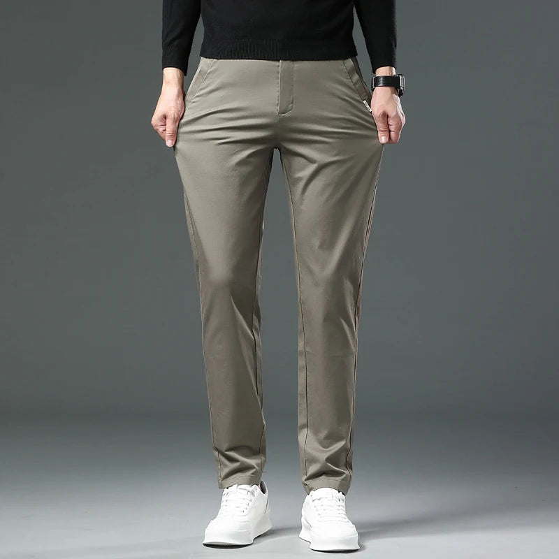 Men’s Classic Straight-Leg Cotton Trousers – 98% Cotton, Breathable Business Casual Pants with Elastic Comfort – Ideal for Spring & Summer