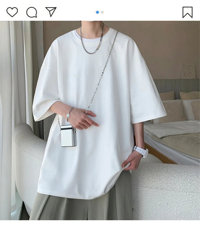 Men’s Oversized White Cotton T-Shirt – Solid Color Summer Casual Fashion Tee, Size up to 5XL