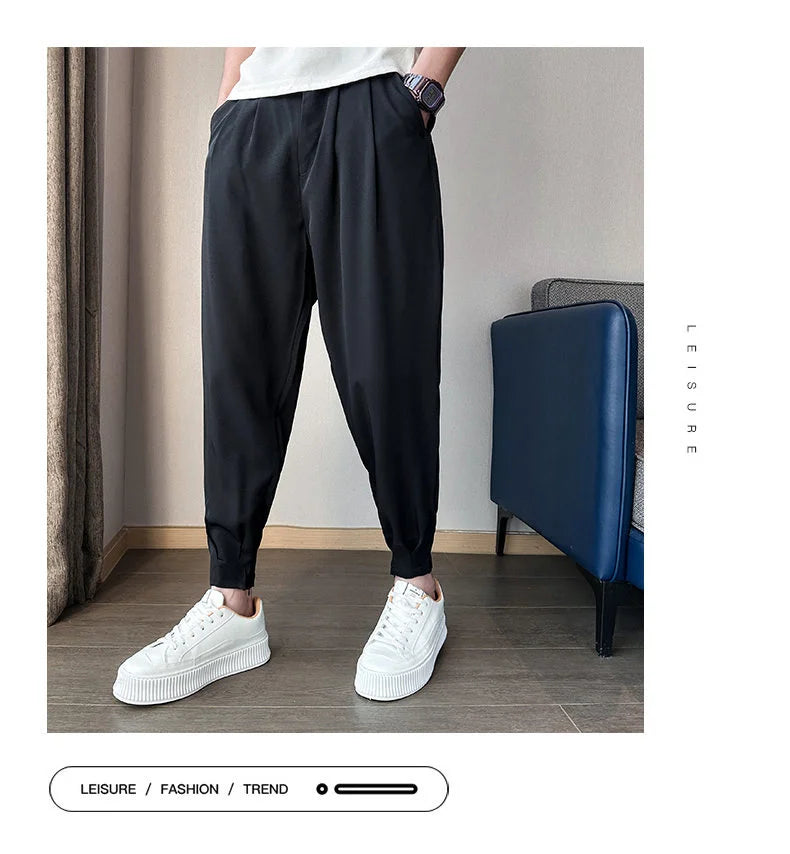 Men’s Spring & Summer Casual Solid Color Ice Silk Trousers — Korean Style Slim Ankle Pants with Zipper Detail, Smooth & Lightweight for a Handsome Look