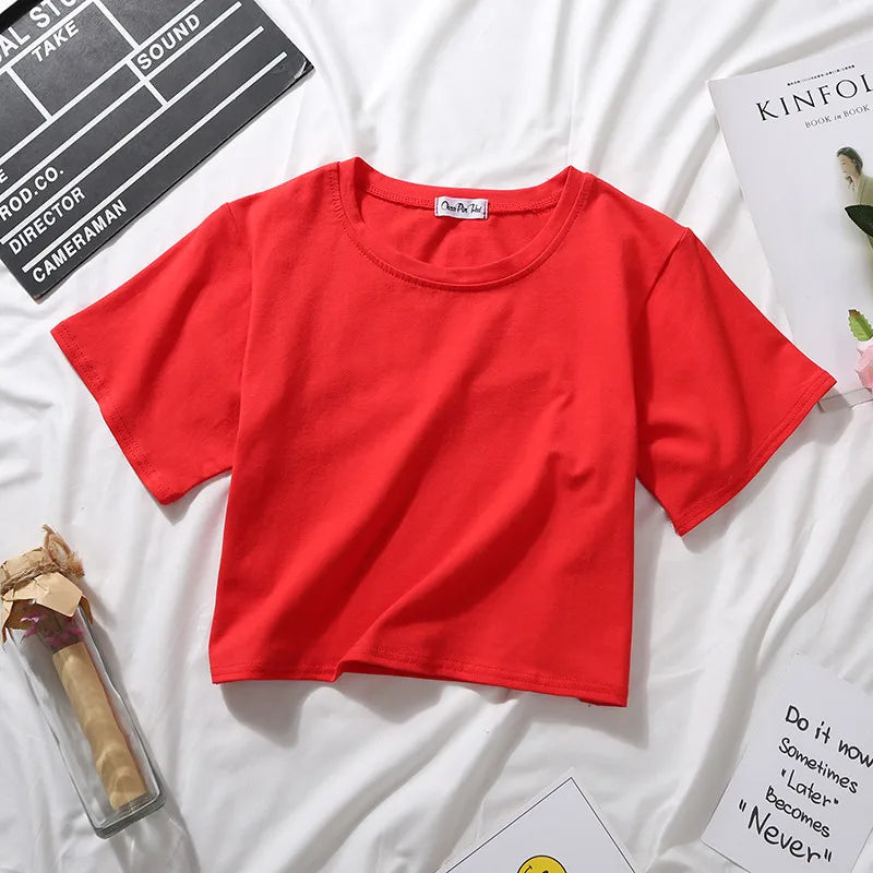 Women’s Summer Casual Cotton Short Sleeve Crop Top – Solid Color O-Neck Loose Fit T-ShirtT