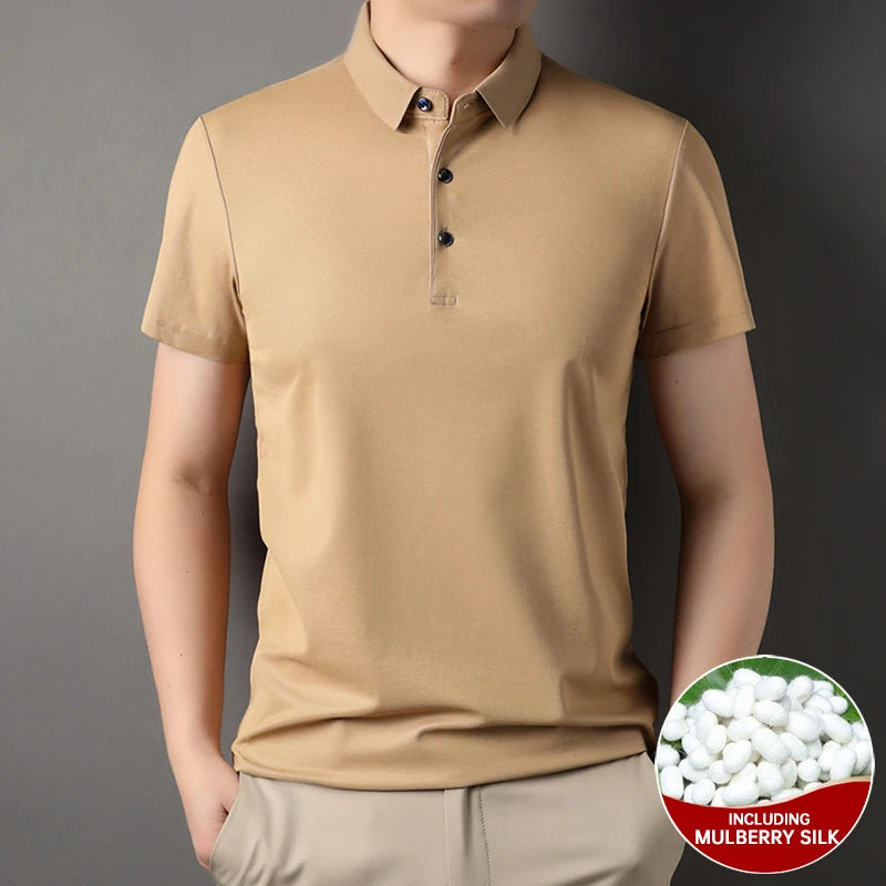 Luxury Summer Men’s Polo Shirt – Premium Plain Design with 4.7% Mulberry Silk, Short Sleeve, Lightweight Casual Fashion Top