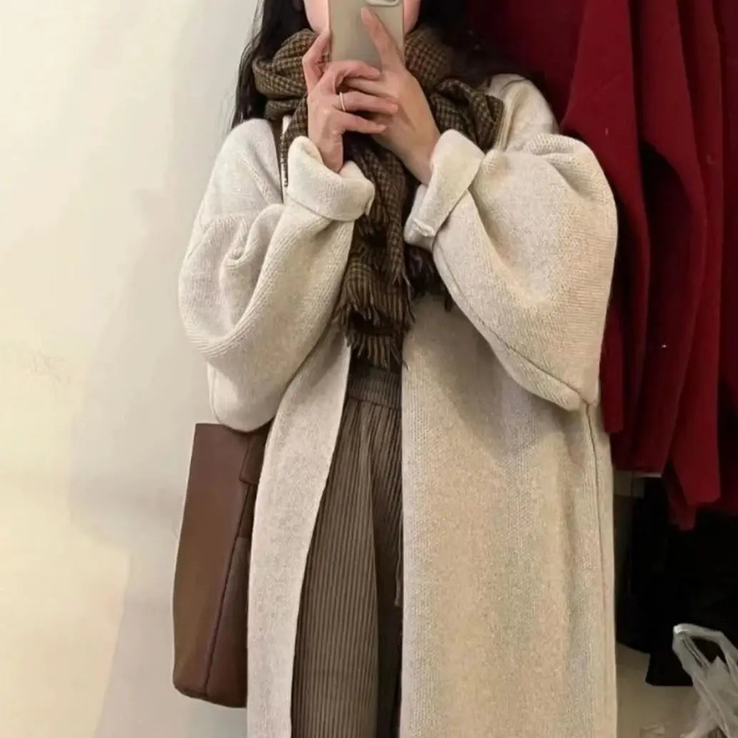 2024 Women's V-Neck Knit Cardigan – Long Sleeve Open Front Sweater, Loose Fit Solid Color Winter Outerwear