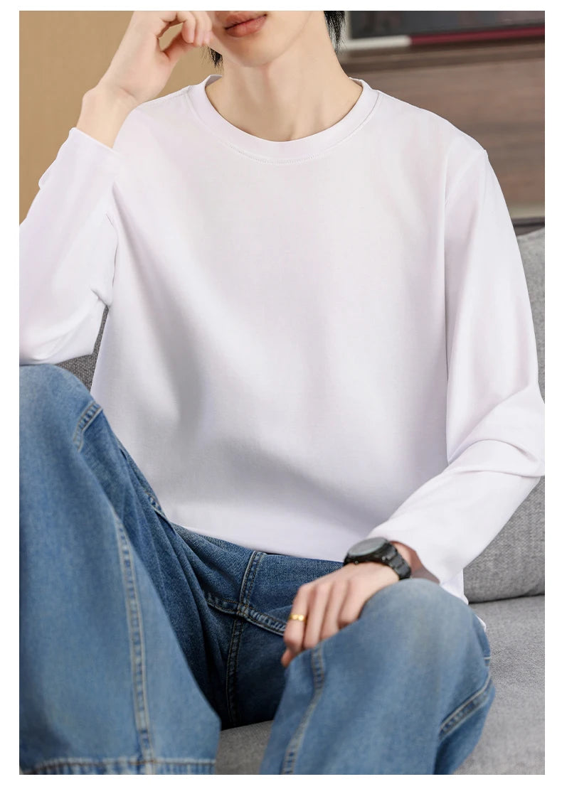 Men's Summer Long Sleeve T-shirt – Solid Color, Round Neck, Casual Style, Made from Mercerized Cotton