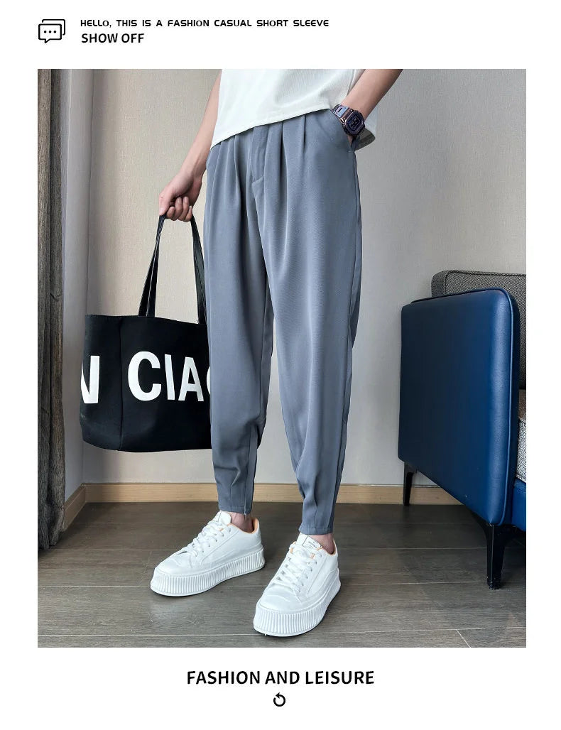 Men’s Spring & Summer Casual Solid Color Ice Silk Trousers — Korean Style Slim Ankle Pants with Zipper Detail, Smooth & Lightweight for a Handsome Look