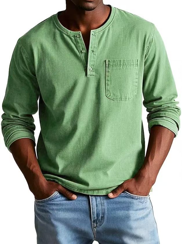Men’s V-Neck Long Sleeve Pullover with Button Detail – Casual Solid Color Top