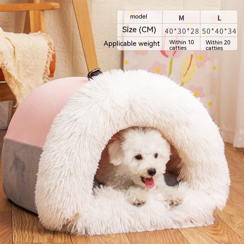 Portable Warm Pet Nest – Soft Long Fur Bed for Cats & Dogs, Moisture-Proof & Cozy for Autumn/Winter