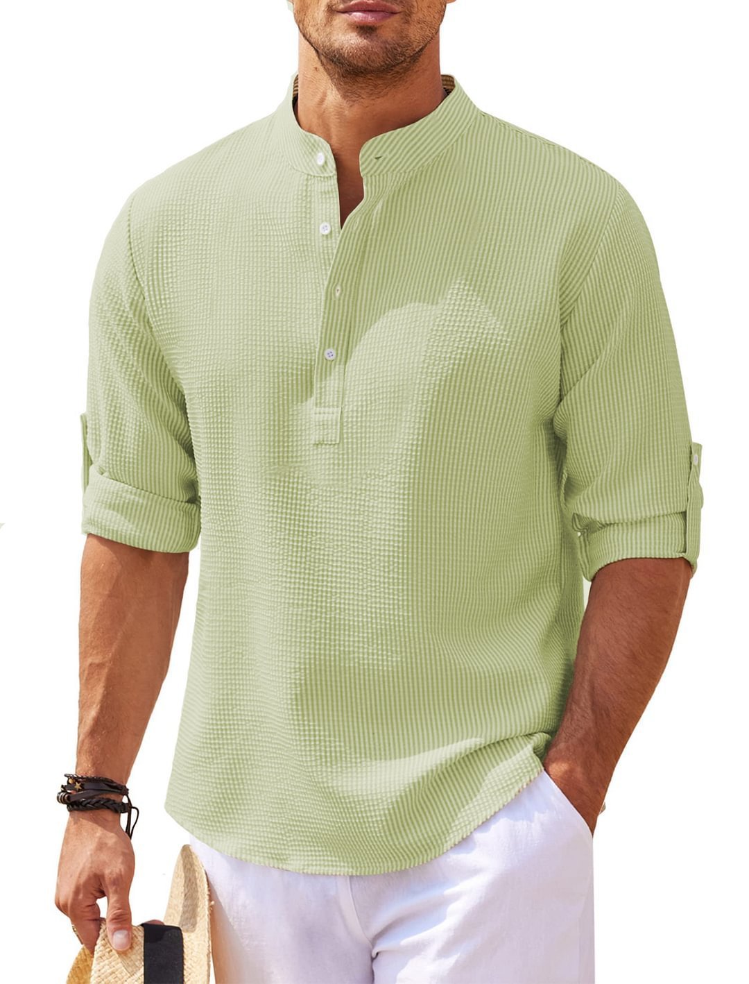 Men’s Casual Stand Collar Shirt – Long Sleeve, Solid Color, Lightweight