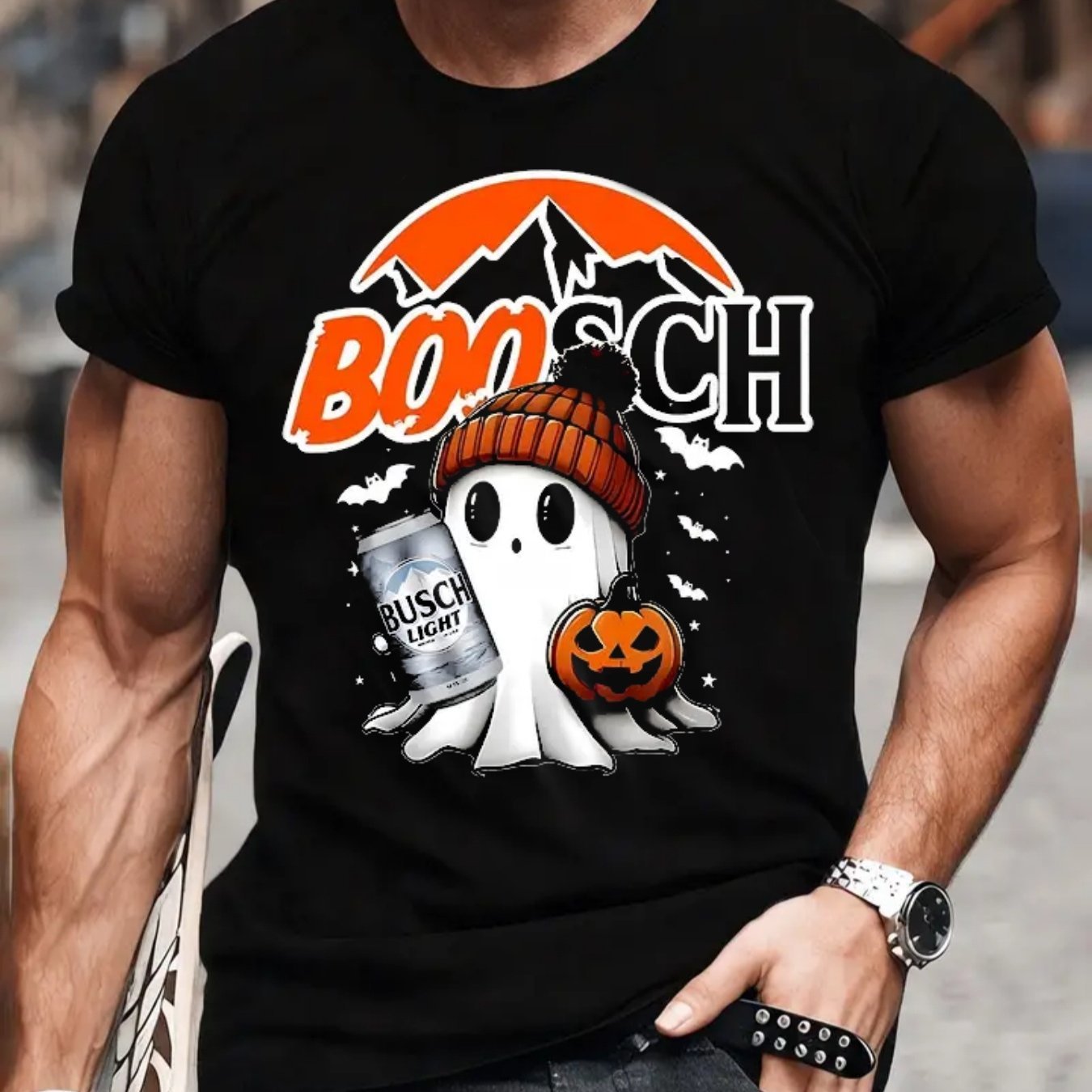 Men's Halloween Ghost & Pumpkin Print Casual Boosch T-Shirt