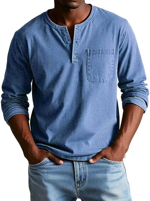 Men’s V-Neck Long Sleeve Pullover with Button Detail – Casual Solid Color Top