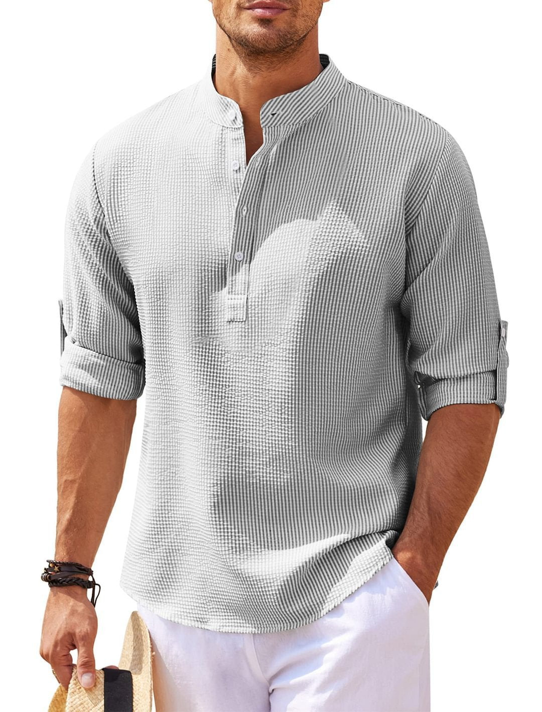 Men’s Casual Stand Collar Shirt – Long Sleeve, Solid Color, Lightweight