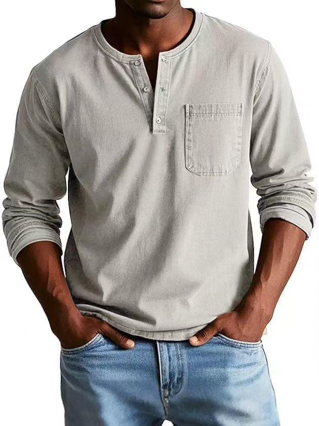 Men’s V-Neck Long Sleeve Pullover with Button Detail – Casual Solid Color Top