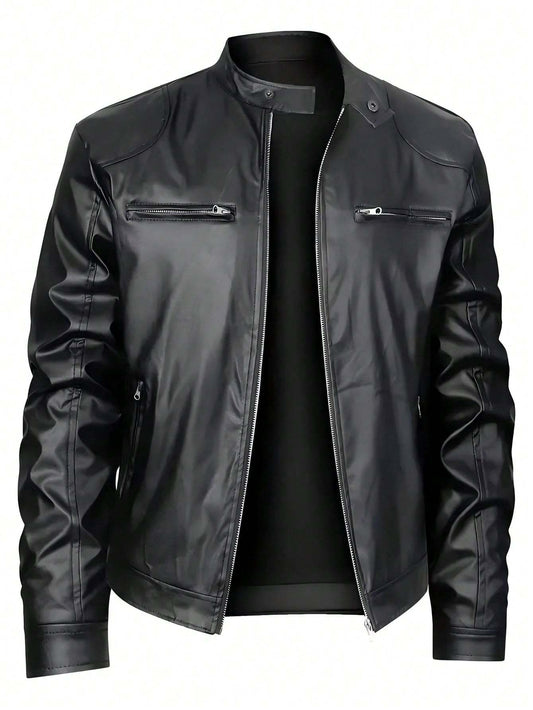 Men’s Stand Collar Faux Leather Business Casual Jacket