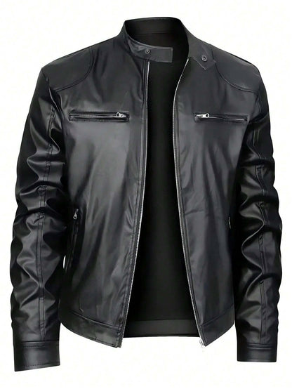 Men’s Stand Collar Faux Leather Business Casual Jacket