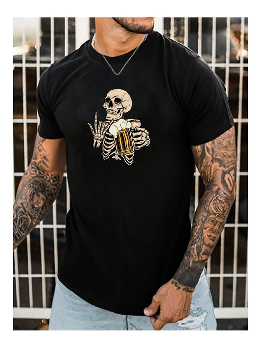 Skull and Beer Printed Short Sleeve T-Shirt – Casual Wear with a Bold, Eye-Catching Design