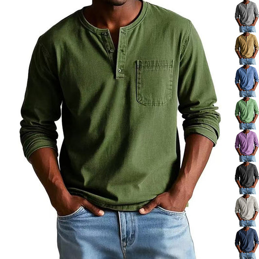 Men’s V-Neck Long Sleeve Pullover with Button Detail – Casual Solid Color Top