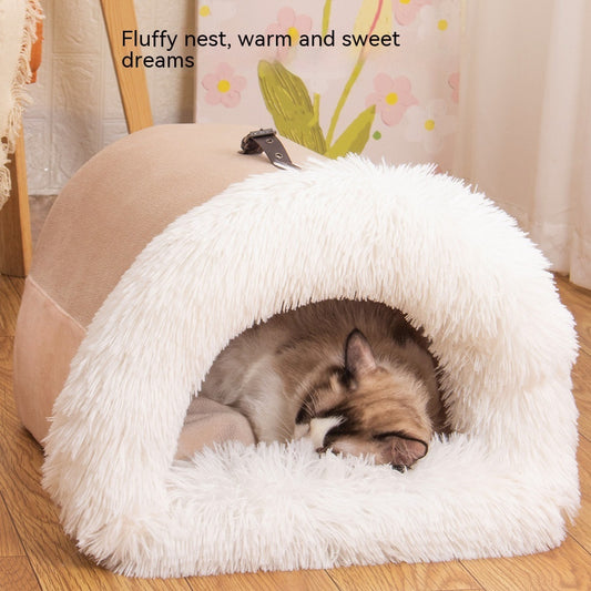 Portable Warm Pet Nest – Soft Long Fur Bed for Cats & Dogs, Moisture-Proof & Cozy for Autumn/Winter