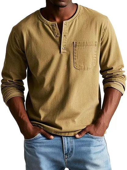 Men’s V-Neck Long Sleeve Pullover with Button Detail – Casual Solid Color Top