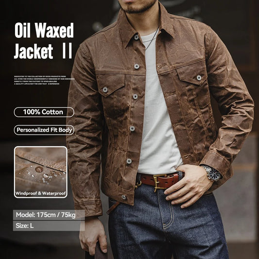 Maden Men's Retro Amekaji Style Oil-Waxed Canvas Jacket – Lightweight Military-Inspired Workwear Coat in Khaki Cotton for Casual and Safari Looks