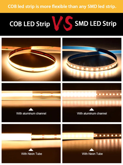 UL Certified COB LED Strip Light, High-Density 320-480 LEDs/m, 16.4ft Flexible Tape Ribbon, 3000-6500K Color Temperature, RA90 Color Rendering, DC 12V/24V