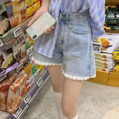 High-Waisted Lace Trim Denim Shorts – Cute Korean Style for Everyday Comfort & Style