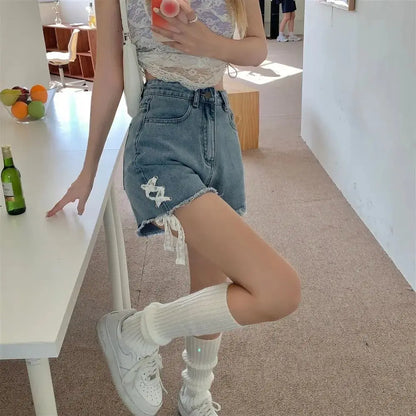 High-Waisted Lace Trim Denim Shorts – Cute Korean Style for Everyday Comfort & Style