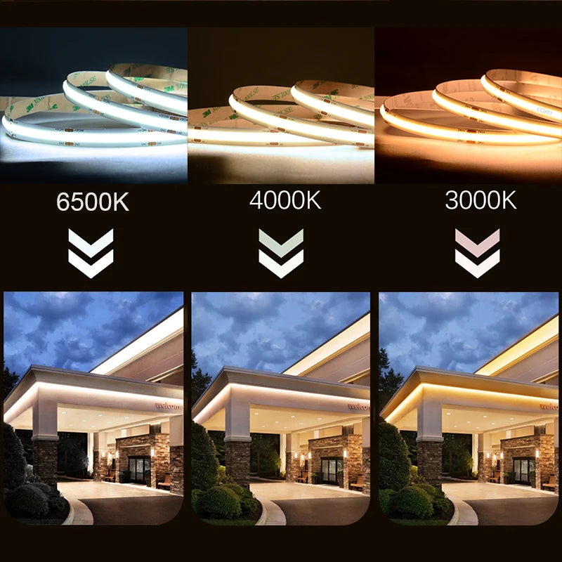 UL Certified COB LED Strip Light, High-Density 320-480 LEDs/m, 16.4ft Flexible Tape Ribbon, 3000-6500K Color Temperature, RA90 Color Rendering, DC 12V/24V