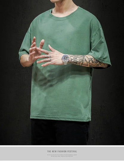 Men’s Oversized Hip-Hop T-Shirt – Summer Solid Color Streetwear Cotton Tee, Casual Short Sleeve Fashion Top