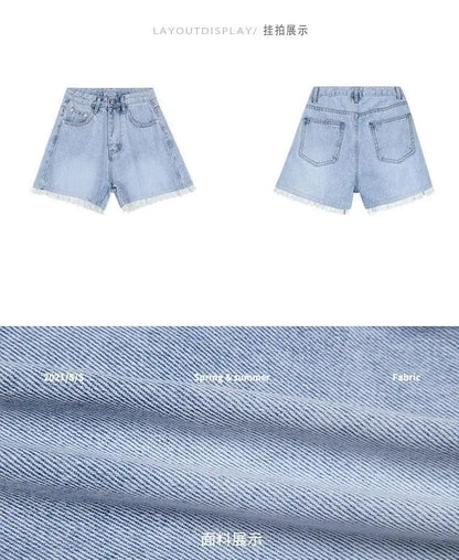 High-Waisted Lace Trim Denim Shorts – Cute Korean Style for Everyday Comfort & Style