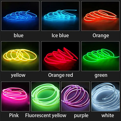 1/2/3/5M Flexible EL Neon Wire LED Strip for Car Interior Decoration, USB Powered DIY Ambient Party Lighting