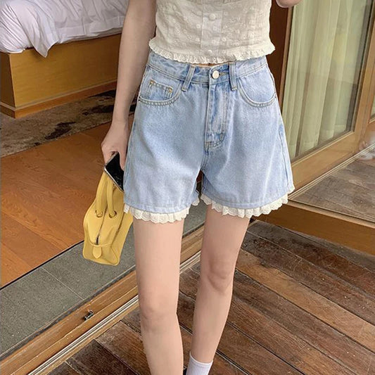 High-Waisted Lace Trim Denim Shorts – Cute Korean Style for Everyday Comfort & Style