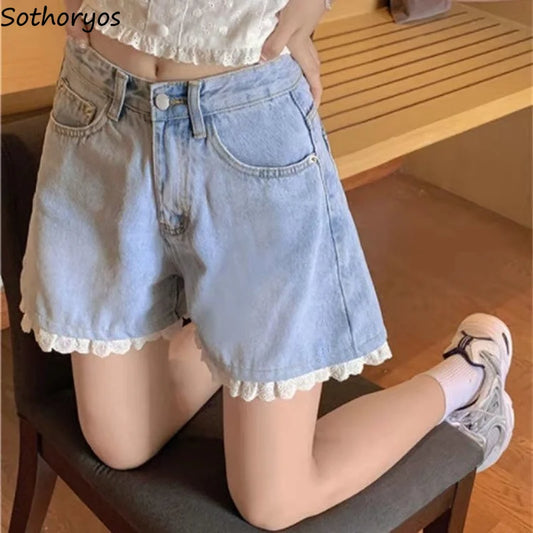 High-Waisted Lace Trim Denim Shorts – Cute Korean Style for Everyday Comfort & Style