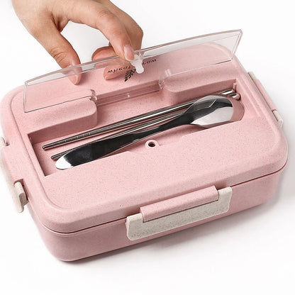 Microwaveable Bento Lunch Box with Spoon & Chopsticks – Wheat Straw Food Container for Kids, School & Office