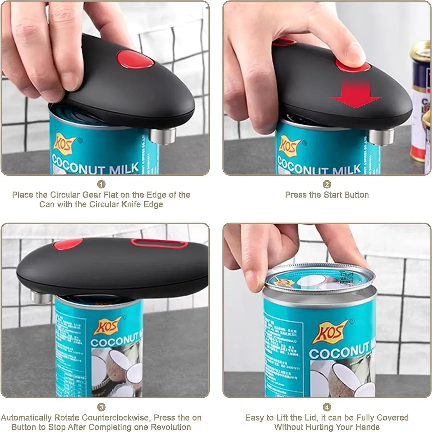 One-Touch Electric Can and Jar Opener – Battery-Powered Handheld Kitchen Tool with Smooth Edge Cutting