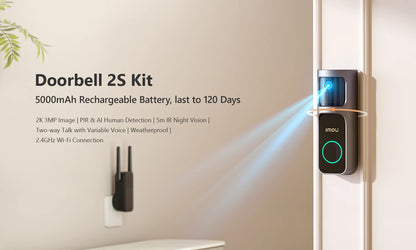 IMOU Video Doorbell 2S with Chime, Rechargeable 5000mAh Battery, Human Motion Detection, Two-Way Audio, Waterproof, Fully Wireless