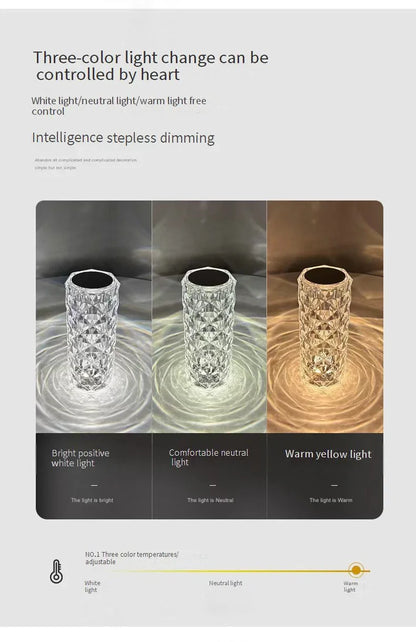 Rechargeable Crystal Rose Night Lamp – Acrylic Bedside Light with Touch Control for Romantic &amp; Ambient Home Decor