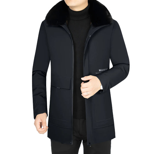 Men’s Solid Winter Parka with Fur Hood – Loose, Waterproof Fleece-Lined Vintage Streetwear Jacket