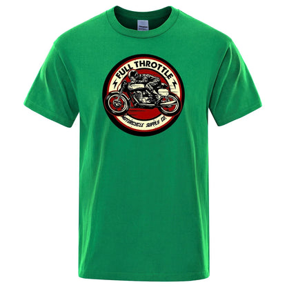 Full Throttle Motorcycle Graphic T-Shirt – Rockabilly Biker Style Cotton Tee for Men, Casual Loose Fit Summer Top