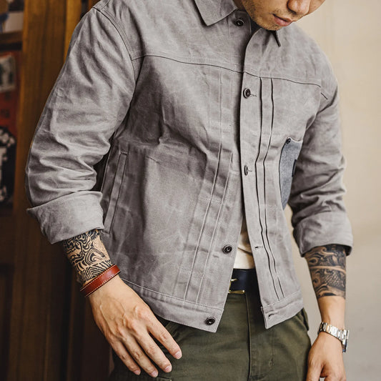Maden Men's Vintage Grey Canvas Oil-Waxed Waterproof Hunting Jacket with Double Pleats and Patch Pockets for Autumn
