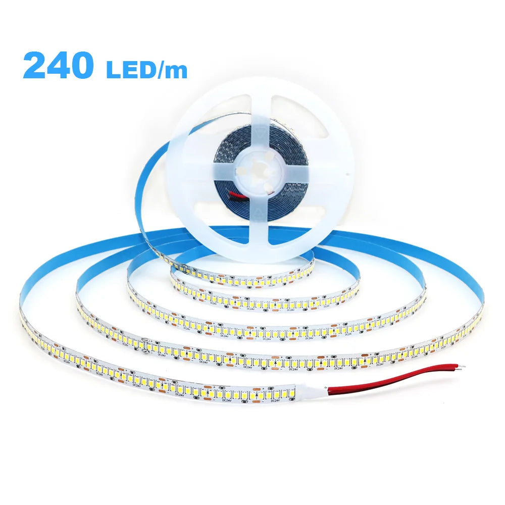 5M Flexible 2835 LED Strip Light, 240 LEDs/m, DC12V/24V – High Brightness, Cuttable Tape Light in Red, Green, Blue