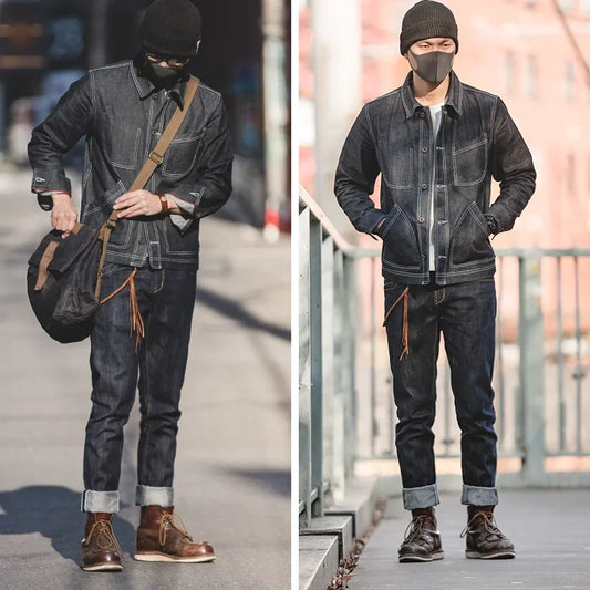 Maden 14oz Men's Vintage Selvedge Denim Jeans – Straight Fit with Horsehide Patch & Paris Buckle, Autumn/Winter Style