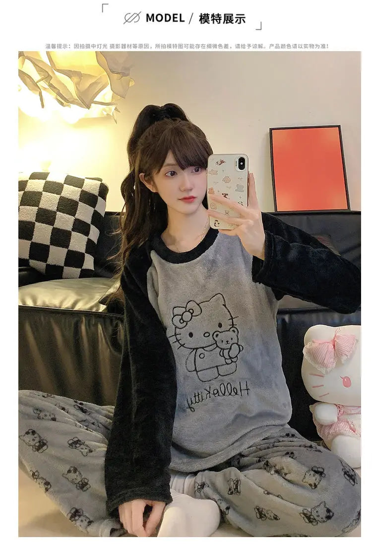 Y2K Hello Kitty Winter Flannel Pajama Set for Women – Cozy Cartoon Loungewear, Loose Fit, Warm Homewear Suit