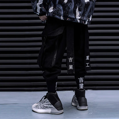 2023 Embroidered Ribbon Techwear Cargo Pants – Harajuku Punk Harem Trousers with Large Utility Pockets for Men & Women