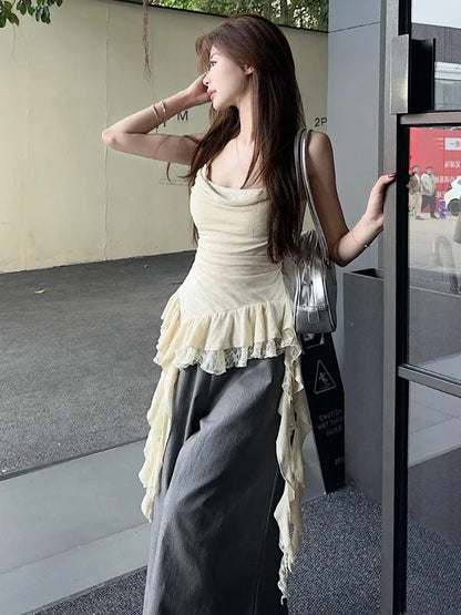 Y2K Aesthetic Lace Patchwork Ruffle Tank Top for Women – Harajuku Streetwear Irregular Pleated Bodycon Camisole